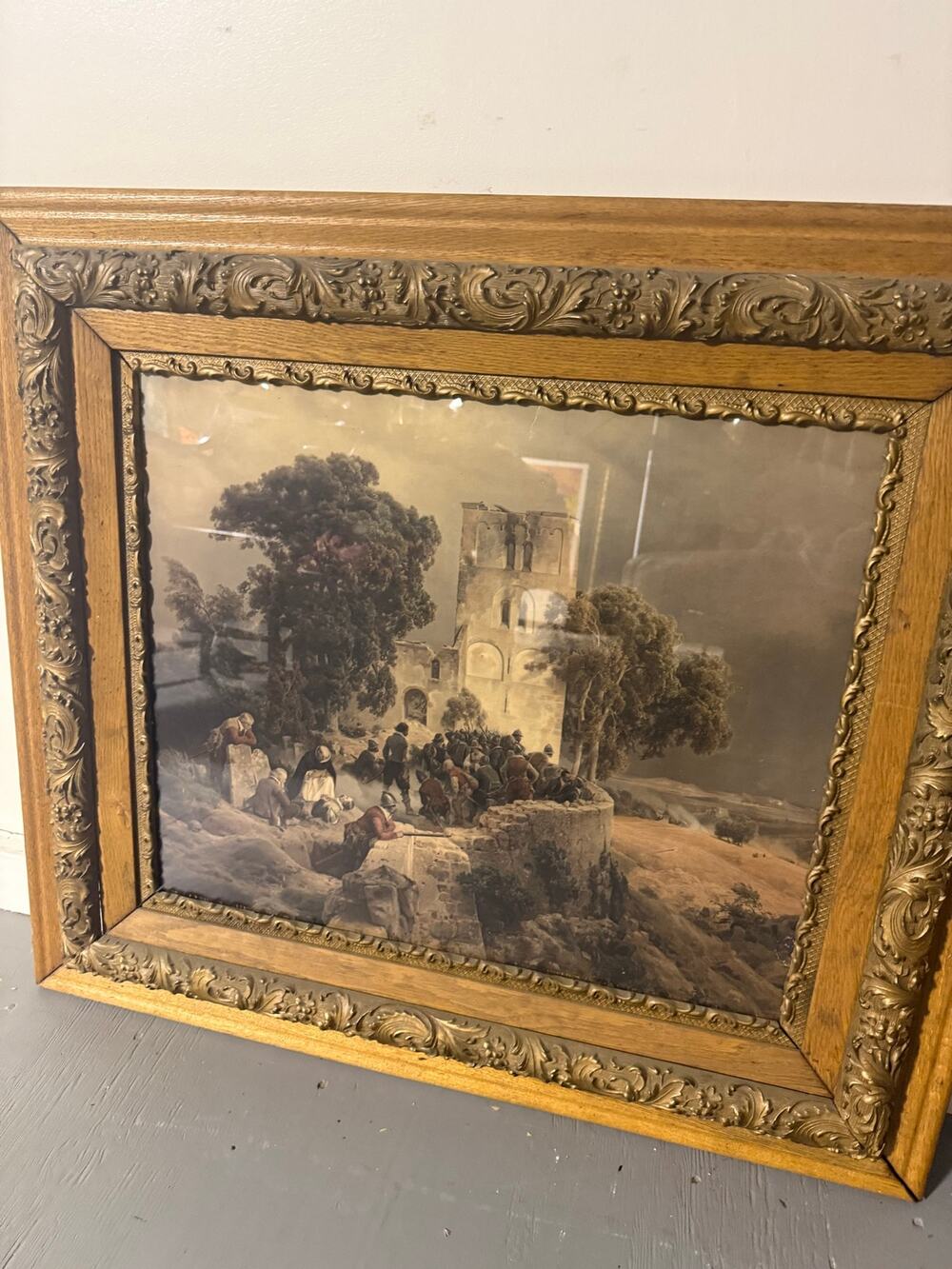 1800's Oil Painting Carl Friedrich Lessing Defense of Cemetery Thirty Years' War